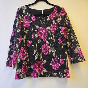 Women's Fairy Whimsigoth Y2K L Floral Lace Overlay Tunic Top Black Pink